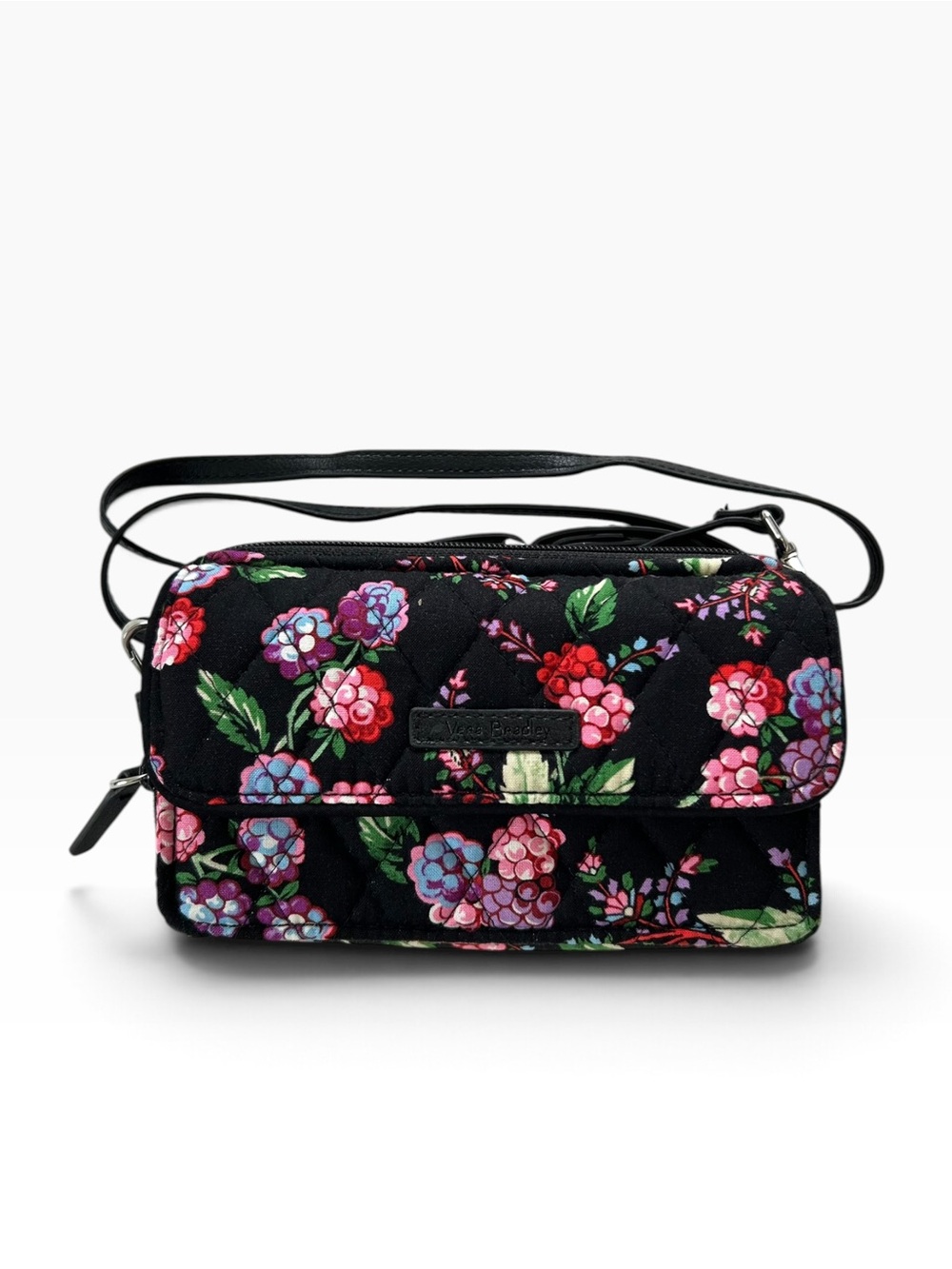 Vera Bradley Black Quilted Floral Hipster Crossbody Purse in Winter Berry
